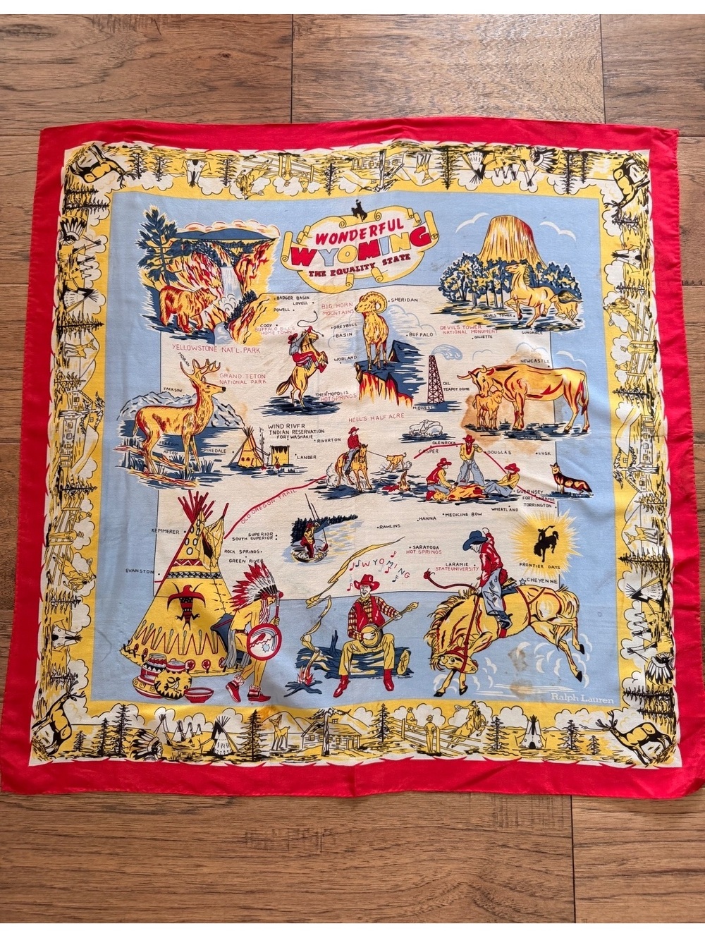 Ralph Lauren Vintage Wyoming Illustrated Square Scarf Red Yellow 27"